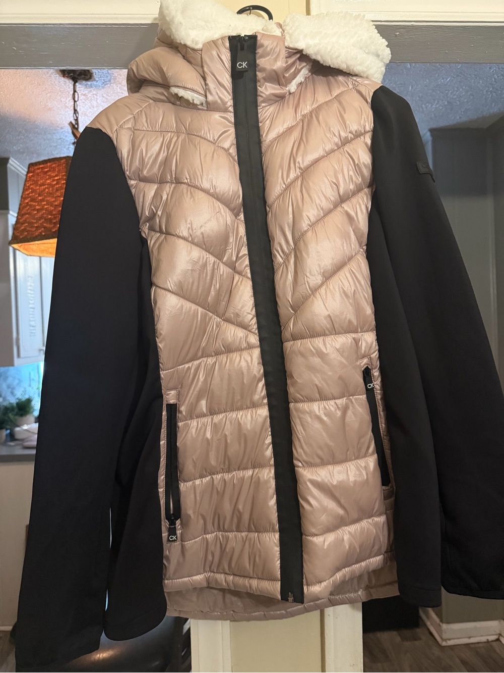 Calvin Klein Performance Taupe Quilted Puffer with Black Sleeves